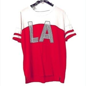 Flirtitude Crew Neck "LA"  White & Red Two Toned Striped Graphic Tee Size Large